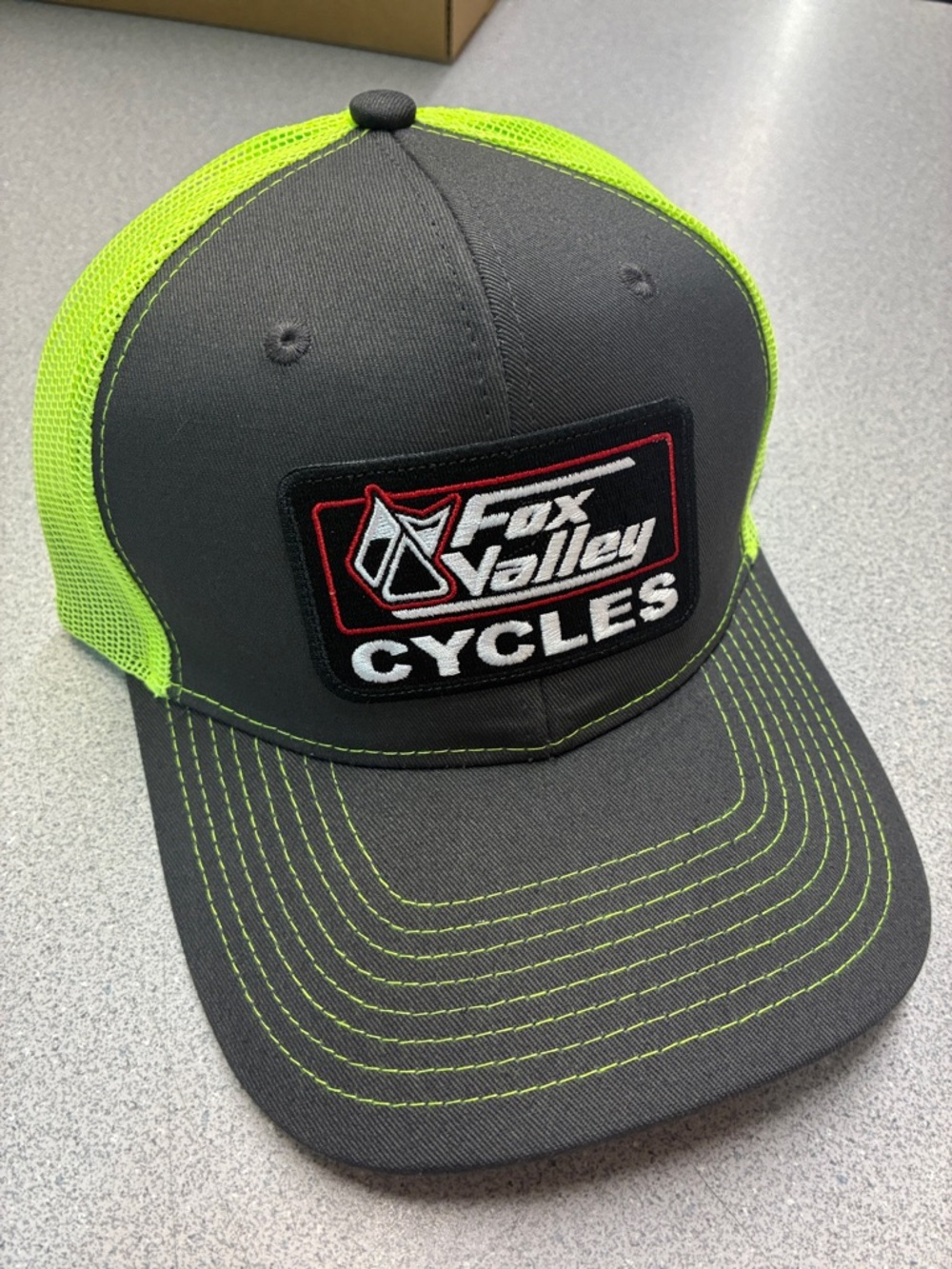 Gray and Neon Green Fox Valley Cycles Mesh Trucker Hat